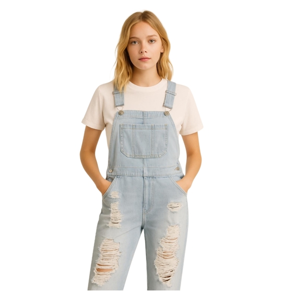 3/$20 Refuge Blue Jean Overalls Women's Light Blue Distressed Dungarees Relaxed - Picture 1 of 13